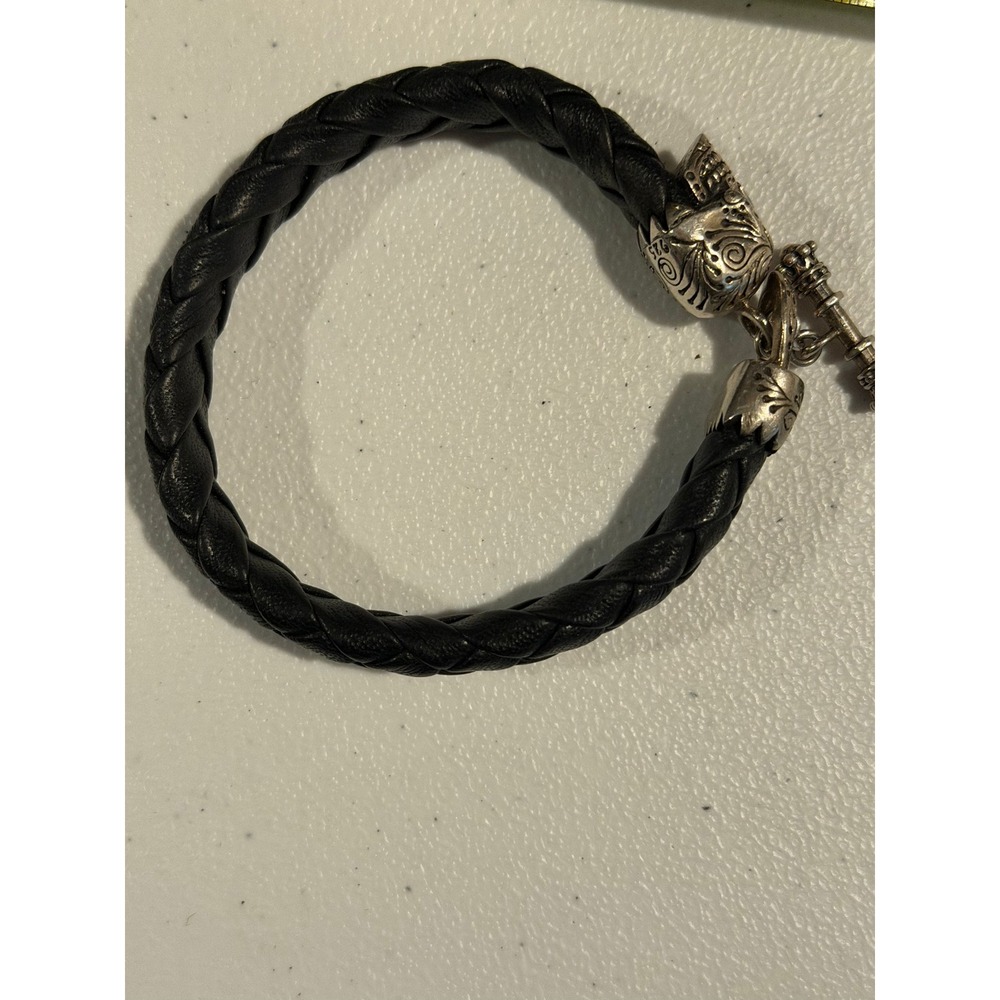 King Baby Studio Black Braided Leather Sugar Skull 925 Sterling Silver Bracelet - Picture 4 of 6